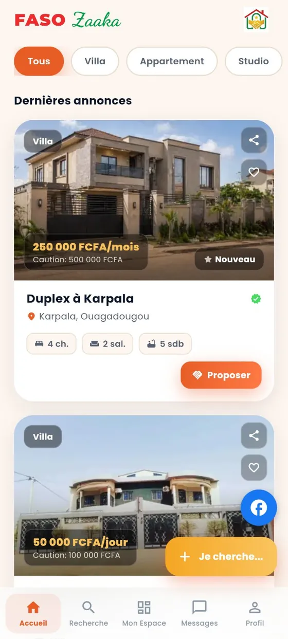 Capture de Faso Zaaka : annonces de villas avec prix en FCFA, quartier, caractéristiques et bouton Proposer.