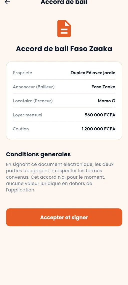 Accord de bail — capture de l'application Faso Zaaka