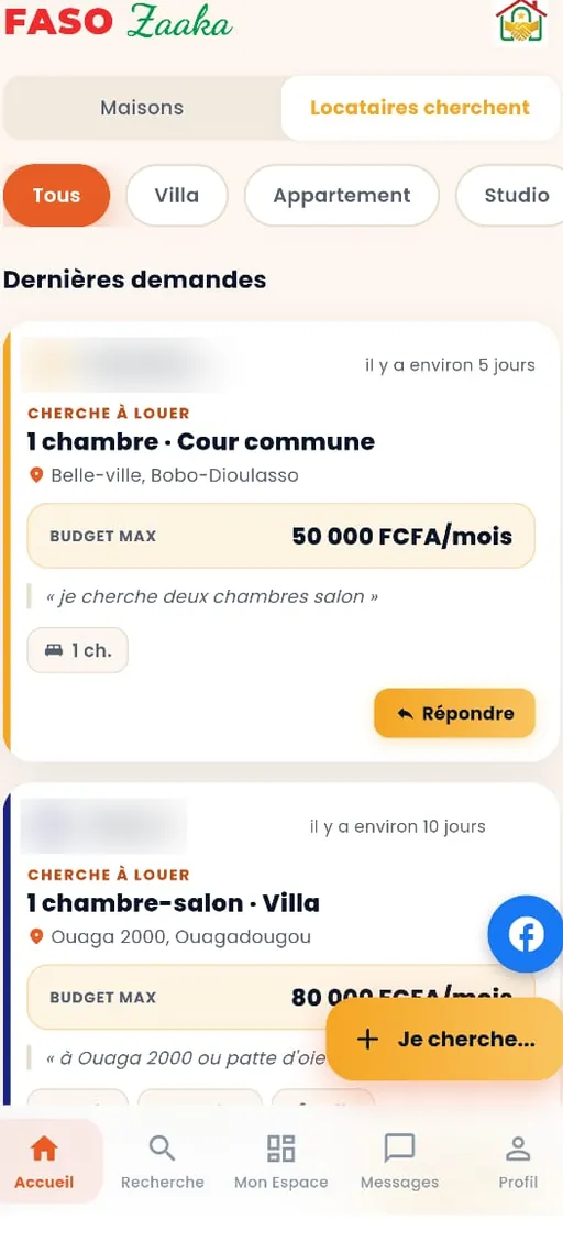Demandes des locataires — capture de l'application Faso Zaaka