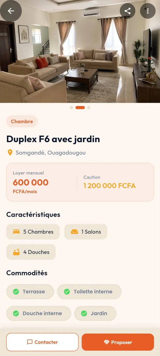 Fiche du bien — capture de l'application Faso Zaaka