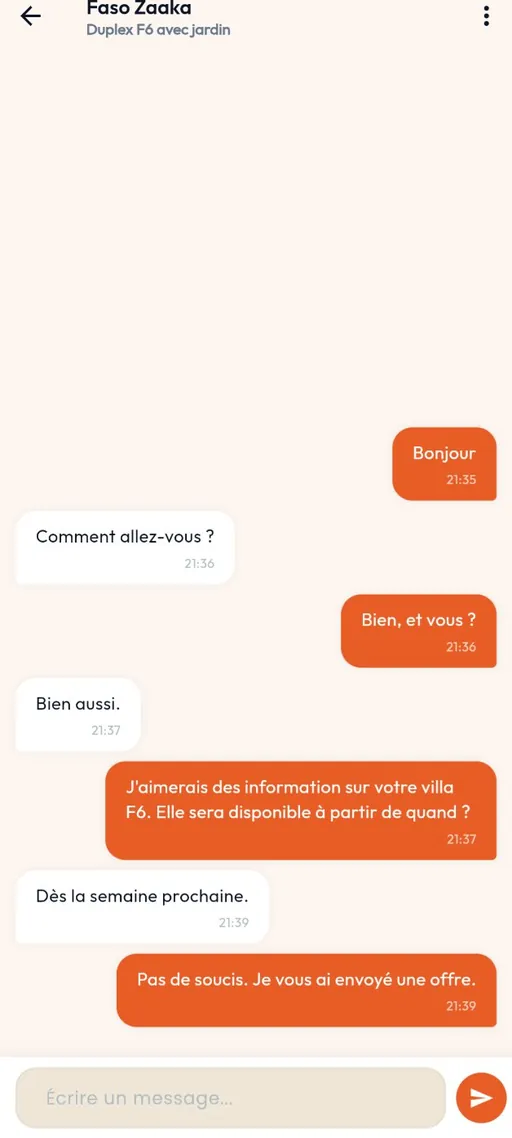 Messagerie — capture de l'application Faso Zaaka
