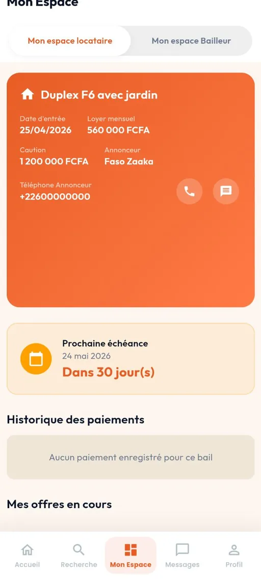 Mon espace — capture de l'application Faso Zaaka