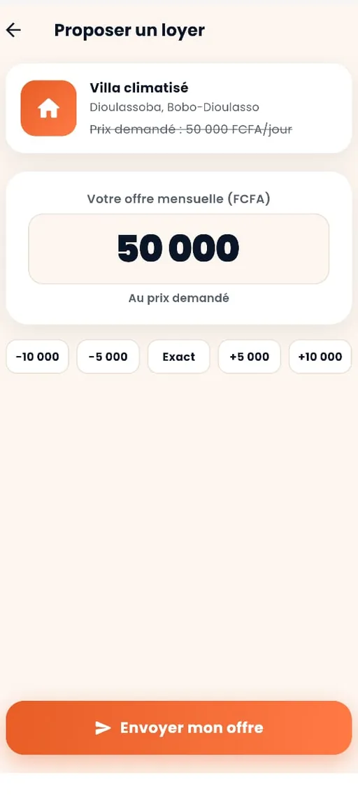 Négociation du loyer — capture de l'application Faso Zaaka