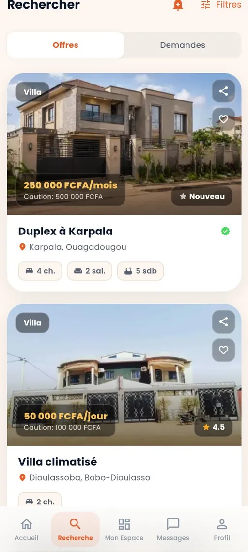 Rechercher — capture de l'application Faso Zaaka
